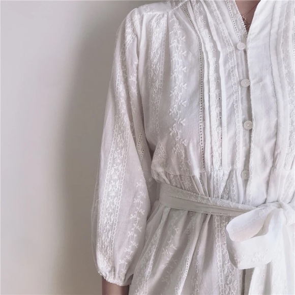 SOLD OUT White Button Up Ruffle Embroidered Floral Dress - Picture 11 of 12